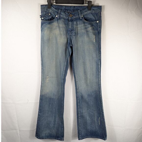 Rock & Republic 30x33 Women’s Jeans Blue Rhinestone R Pockets Bootcut Distressed - Picture 1 of 5